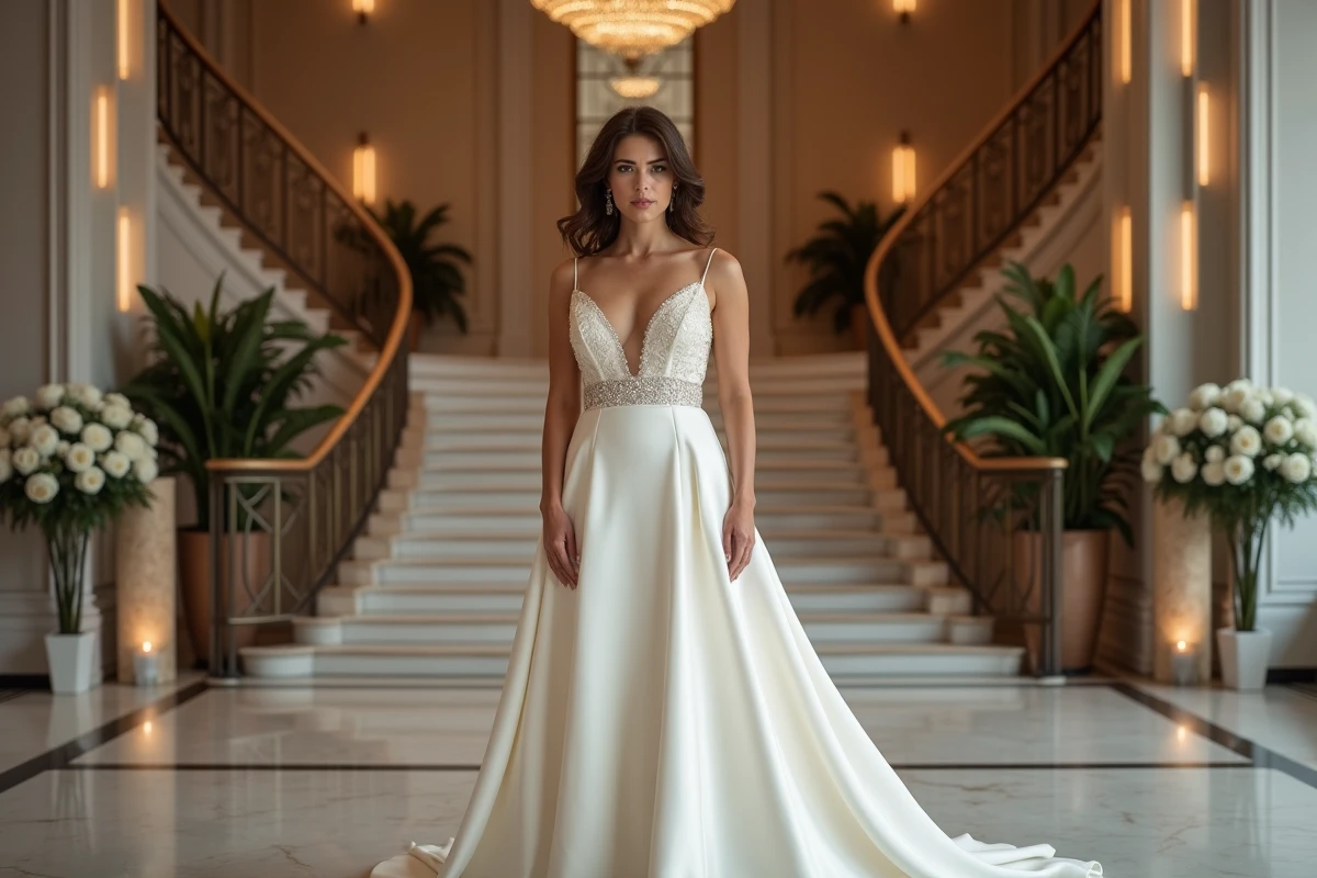Femme confiante en robe de mariage dans une salle moderne