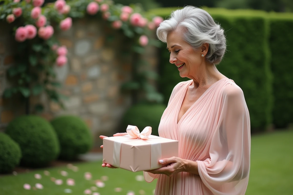 Femme en robe de mousseline tenant un cadeau personnalisé dans un jardin pour célébrer 36 ans de mariage