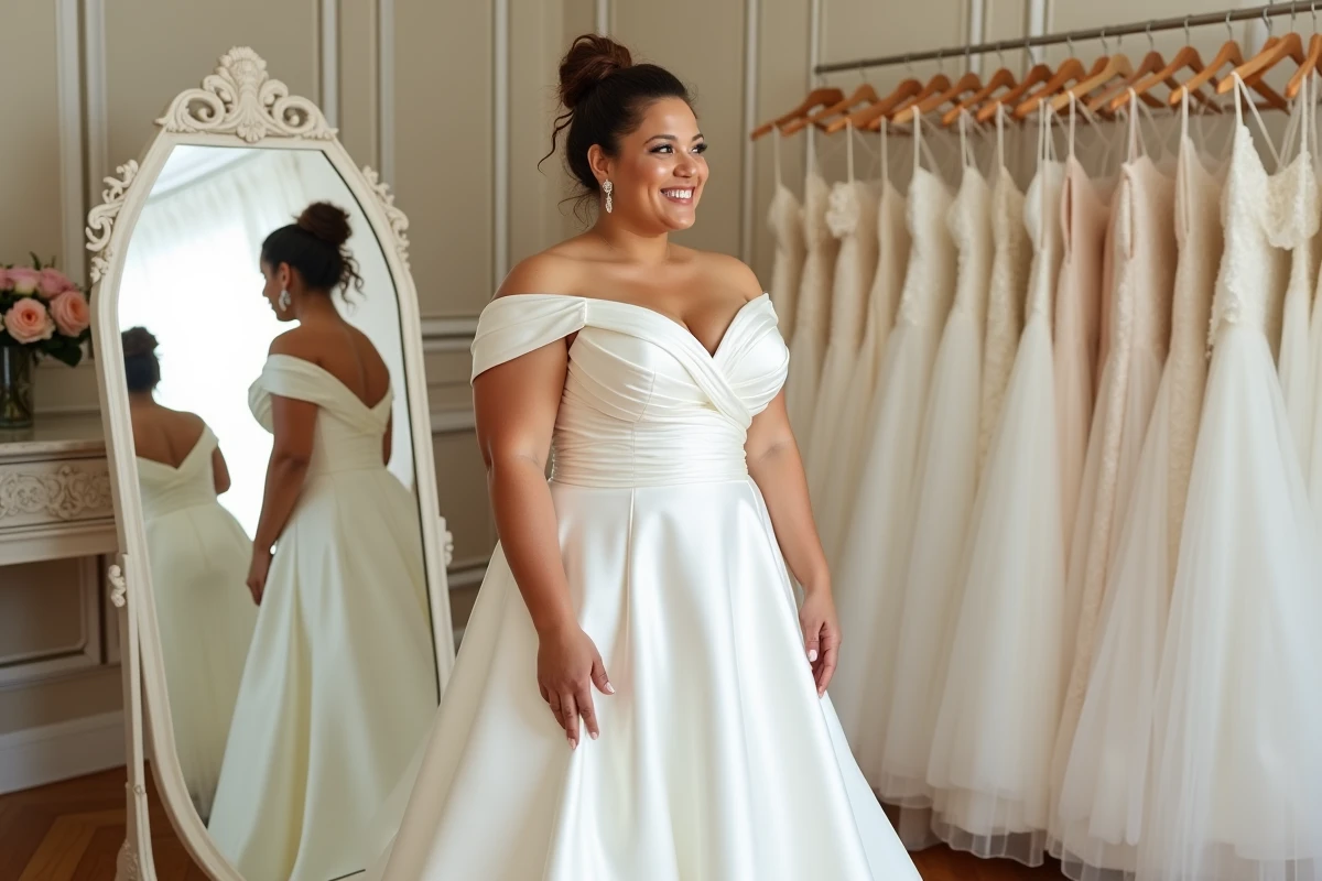 Femme ronde en robe de mariée coupe sirène ivoire dans un atelier de couture bridal parisien