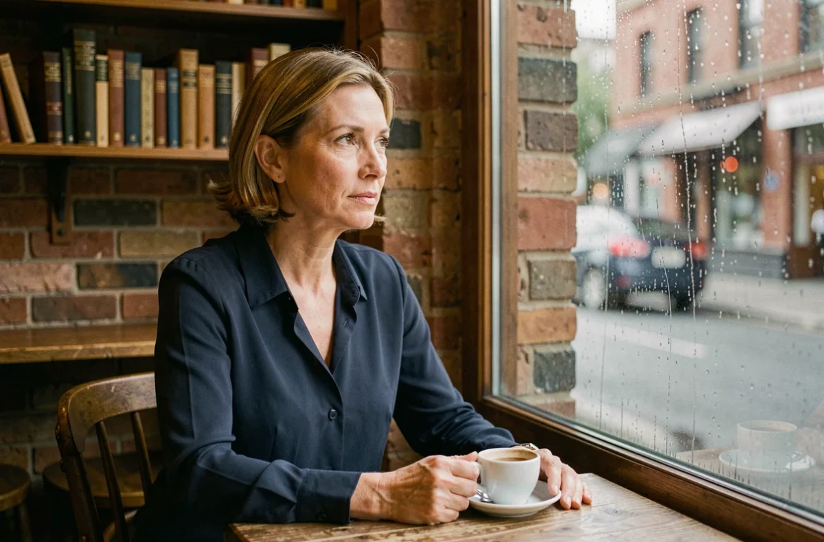 Femme élégante seule dans un café contemplant la pluie, évoquant la solitude d'une vie amoureuse à distance