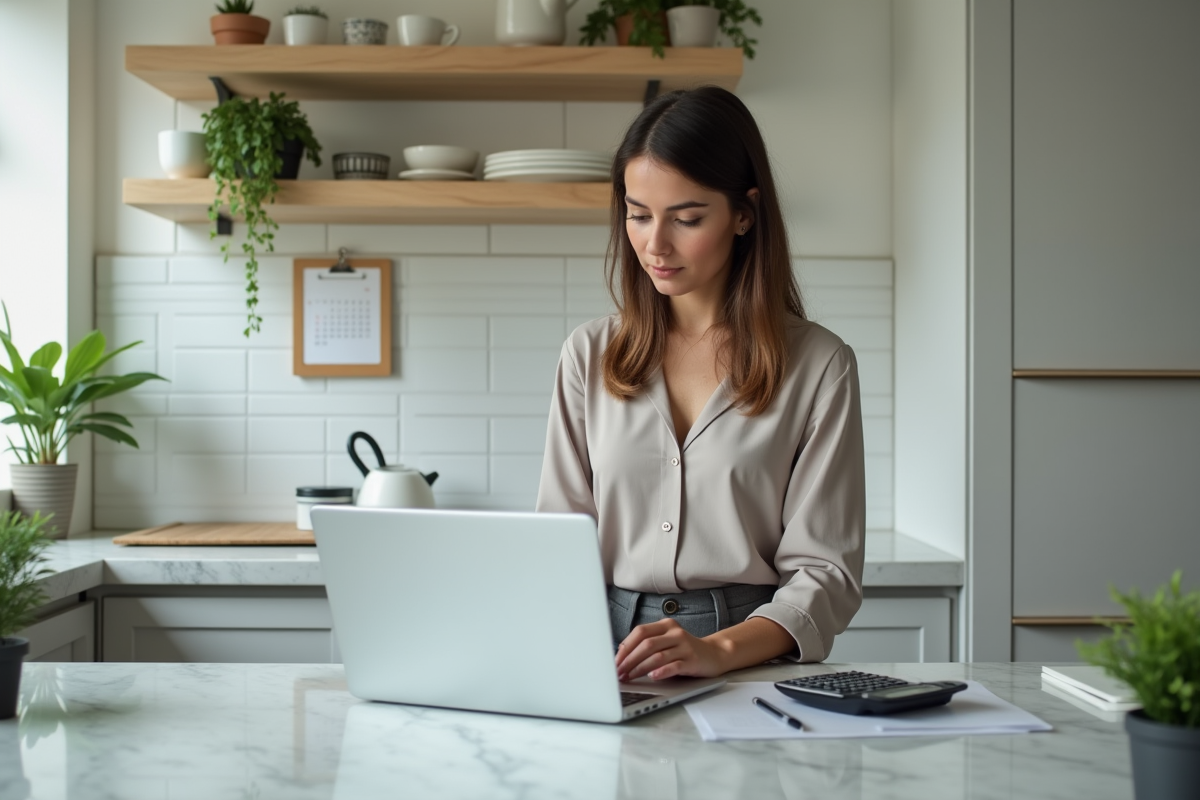 Jeune femme professionnelle utilisant un calculateur à la cuisine