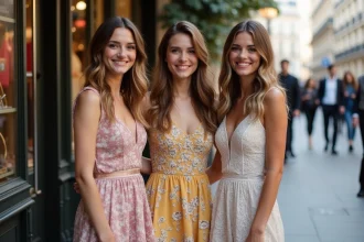 Trois femmes élégantes devant une boutique parisienne