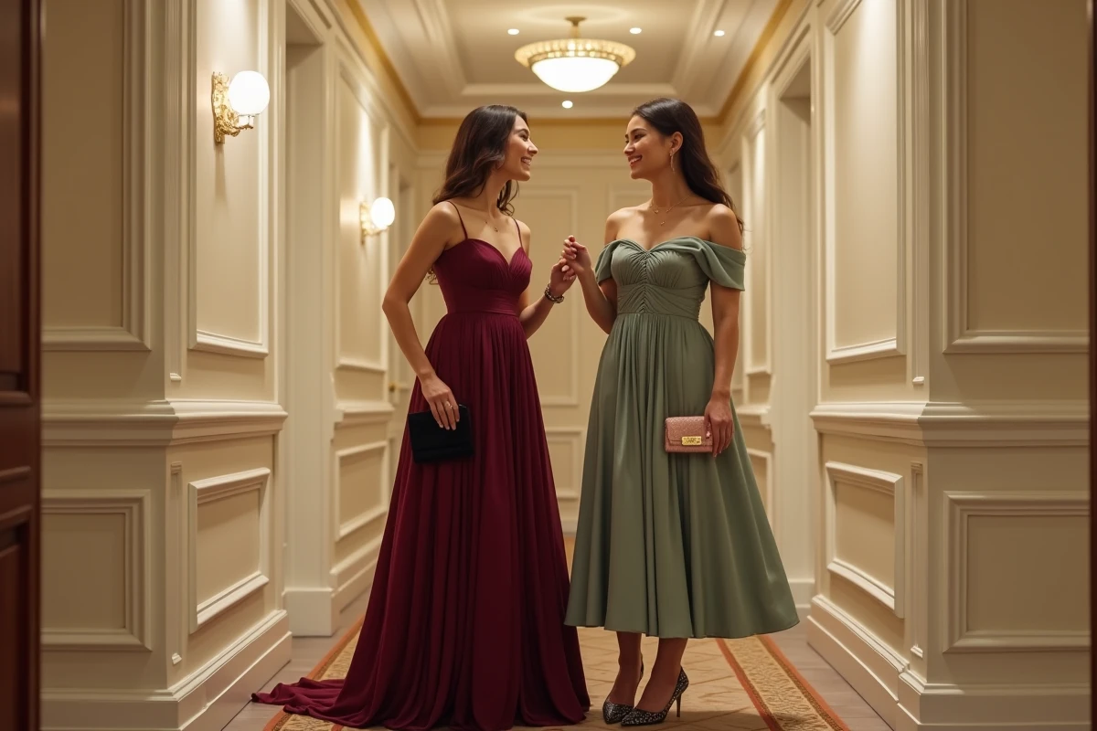 Deux femmes élégantes comparant leurs accessoires de soirée mariage dans un couloir d'hôtel, robe bordeaux avec pochette noire et robe verte sauge avec minaudière rose gold