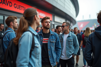 Groupe de jeunes et adultes en file devant une arena pour un concert