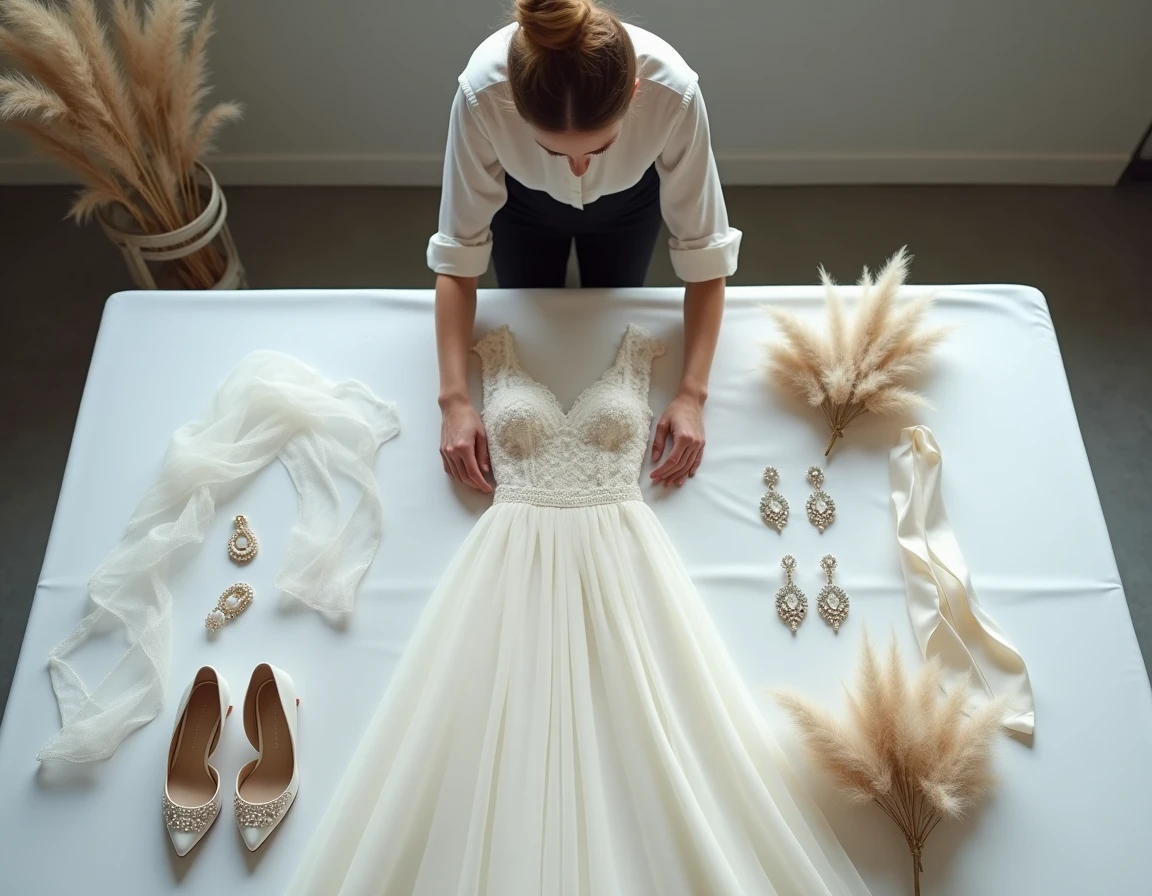 Flat-lay éditorial d'une robe de mariée abordable entourée d'accessoires raffinés comme des boucles d'oreilles cristal, un voile et des escarpins nacrés sur une table en lin blanc