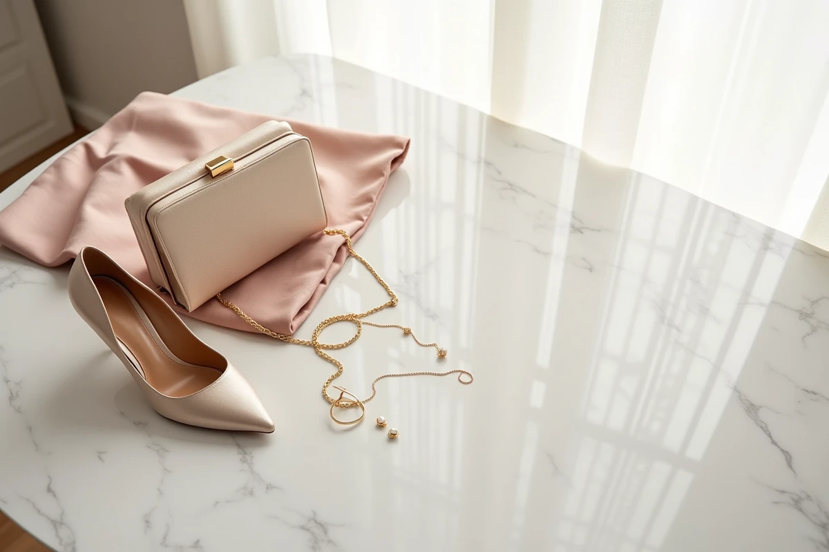 Flat lay d'accessoires de soirée mariage sur marbre blanc incluant pochette satin champagne, escarpins nude, collier et boucles d'oreilles en or