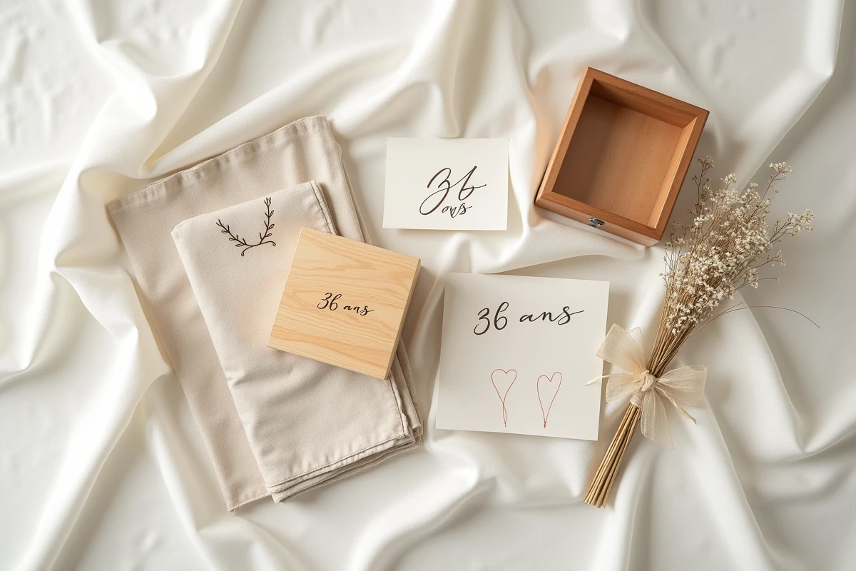 Flat lay de cadeaux personnalisés pour noce de mousseline 36 ans de mariage avec écharpe en mousseline et carte calligraphiée