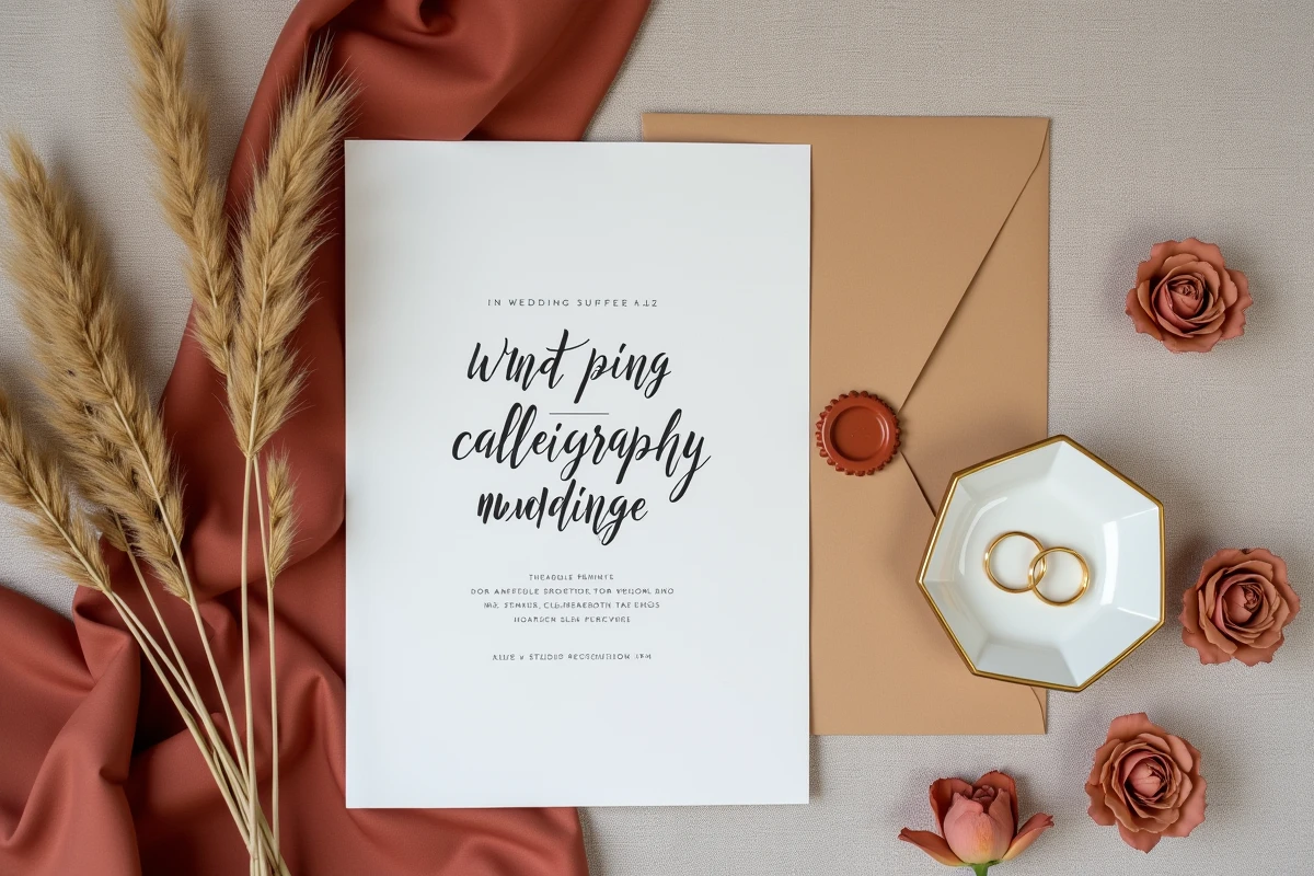 Flat lay d'éléments de décoration de mariage tendance 2026 avec faire-part calligraphié et pampa séché sur table en chêne