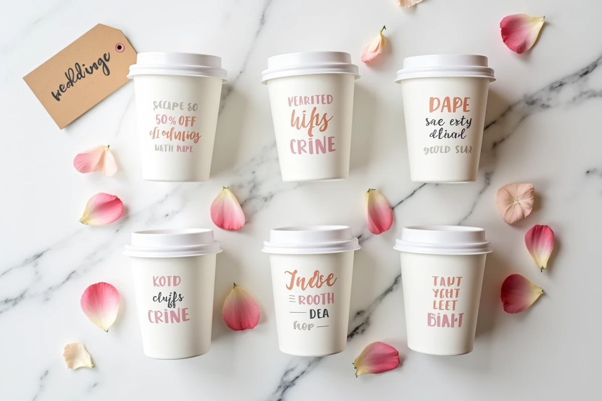 Flat lay de six eco cups de mariage personnalisés avec messages originaux sur marbre blanc entourés de pétales de rose