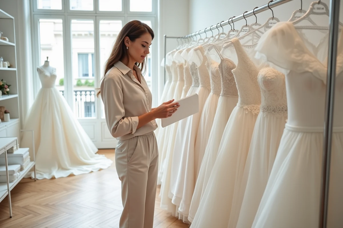 Future mariée comparant des robes de mariée sur un portant dans un showroom parisien moderne, swatch tissu en main