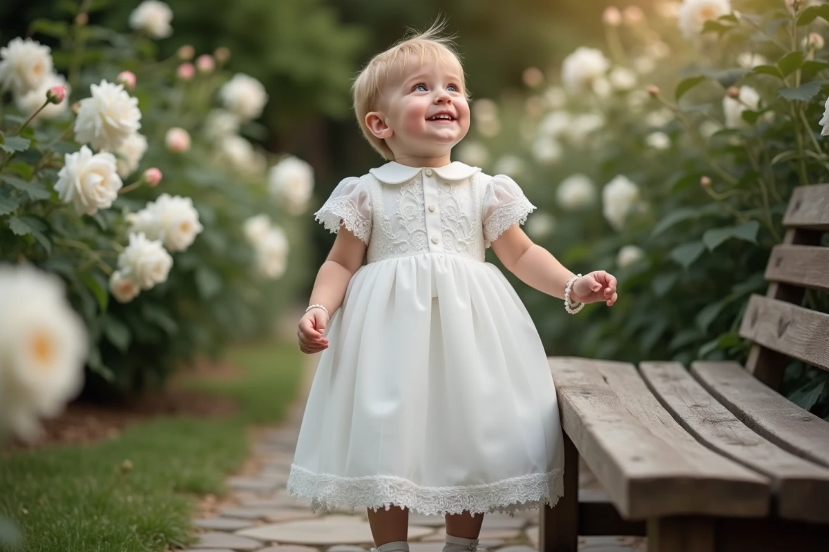 Bébé garçon en robe de baptême blanc dans un jardin fleuri