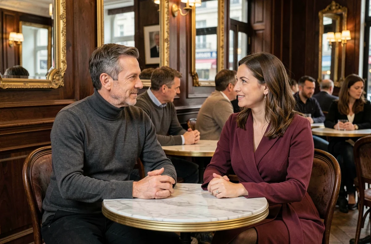 Couple en tête-à-tête dans une brasserie parisienne classique, assis à une table en marbre dans une ambiance intimiste et raffinée