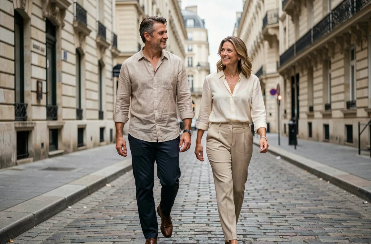 Couple élégant se promenant sur une rue pavée parisienne aux façades haussmanniennes, illustrant la vie privée et complice d'un personnage médiatique