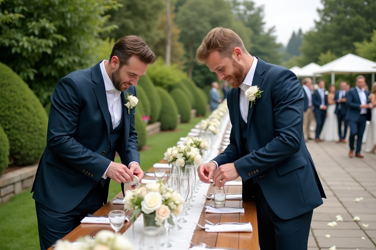 Deux hommes en costume navy préparant des flutes de champagne en extérieur