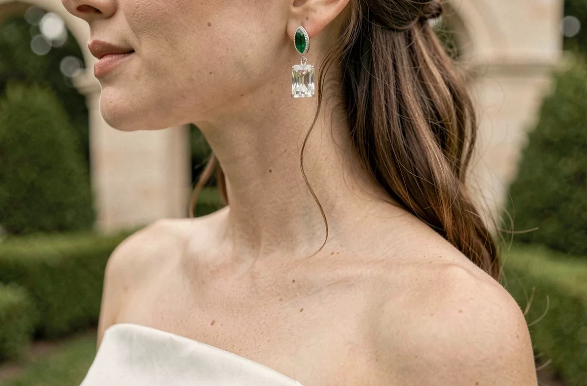 Gros plan sur une boucle d'oreille diamant élégante portée par une mariée dans un jardin de mariage pour un style raffiné