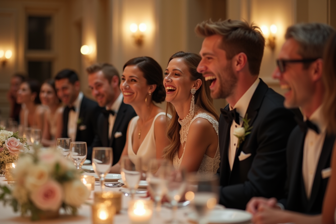 Groupe d'amis lors d'un quiz de mariage élégant