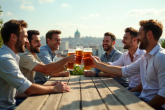 Groupe d'amis levant leurs verres sur un rooftop ensoleille