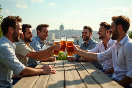 Groupe d'amis levant leurs verres sur un rooftop ensoleille