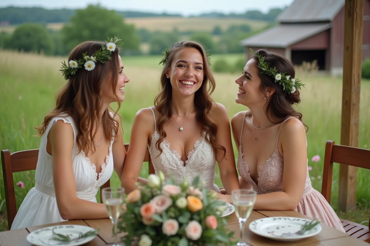 Trois femmes en robes de mariage bohème riant ensemble en extérieur