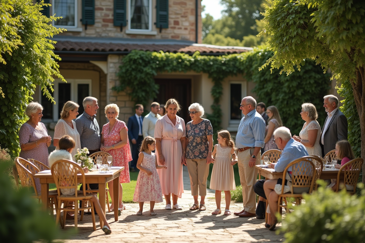 Groupe d invités de tous âges dans la cour d une ferme champêtre