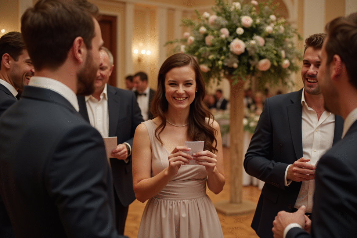 Groupe d'invités riant lors d'un jeu de mariage intérieur