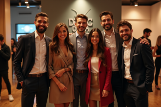 Groupe de jeunes professionnels souriants dans un photobooth