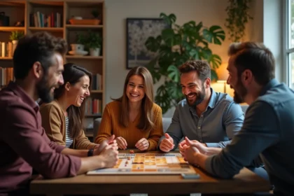 Groupe d'adultes jouant à un jeu de société dans un salon chaleureux