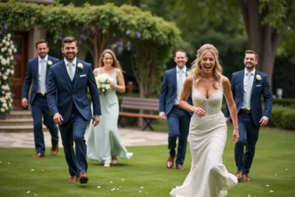 Groupe d'invites de mariage jouant en plein air dans un jardin