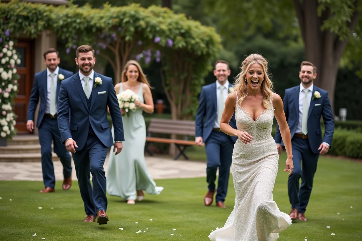 Groupe d'invites de mariage jouant en plein air dans un jardin