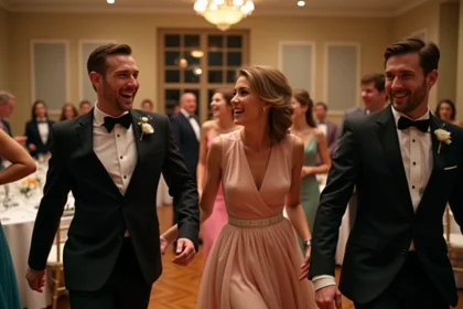 Groupe d'adultes élégants riant lors d'un jeu de mariage