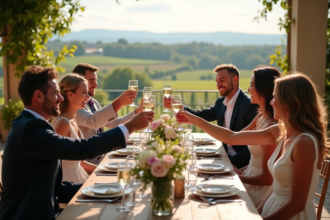 Groupe d'adultes trinquant dans un cadre champêtre