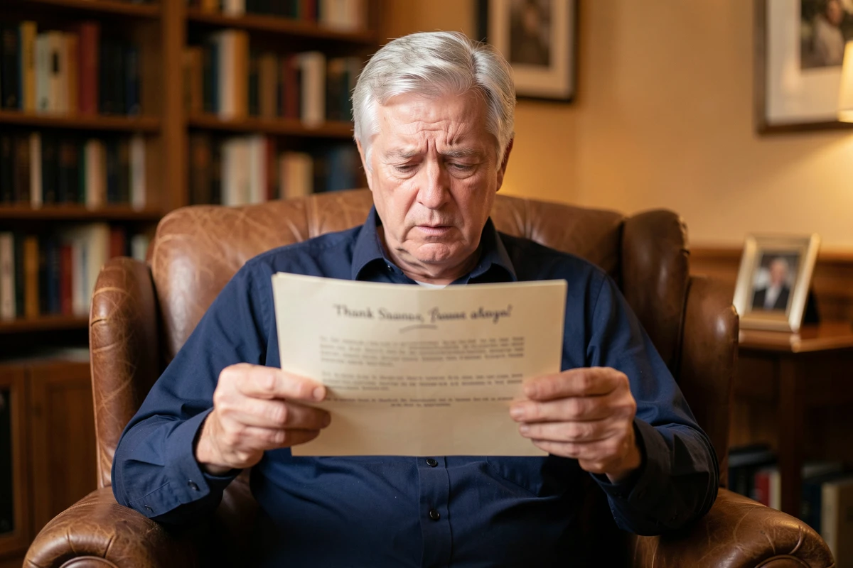 Homme âgé ému en lisant un texte de remerciement pour son invitation d'anniversaire dans un fauteuil