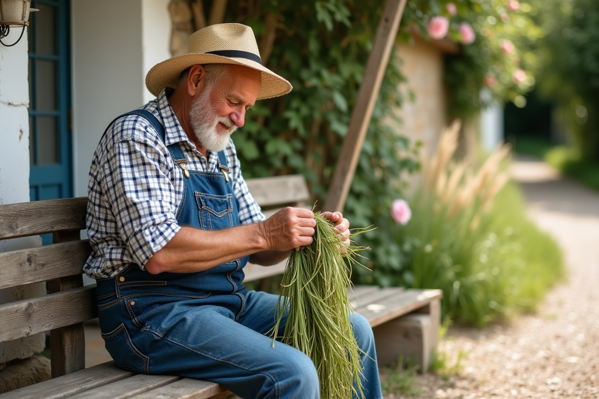 Homme âgé tressant des guirlandes d