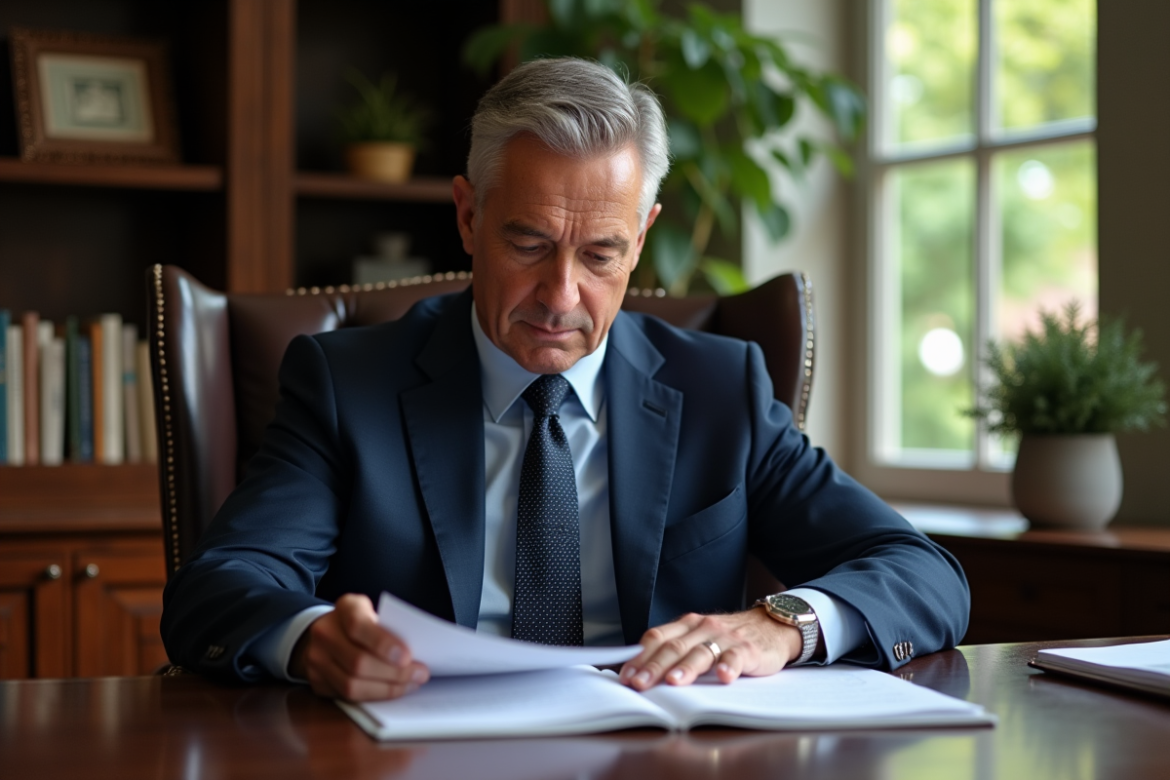 Homme d'âge moyen en costume lisant des documents juridiques