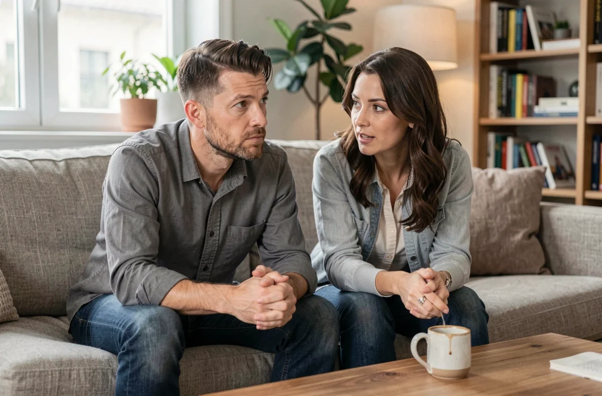 Couple marié dans le salon, l'homme distrait et pensif regardant ailleurs pendant que sa femme lui parle, illustrant un éloignement émotionnel