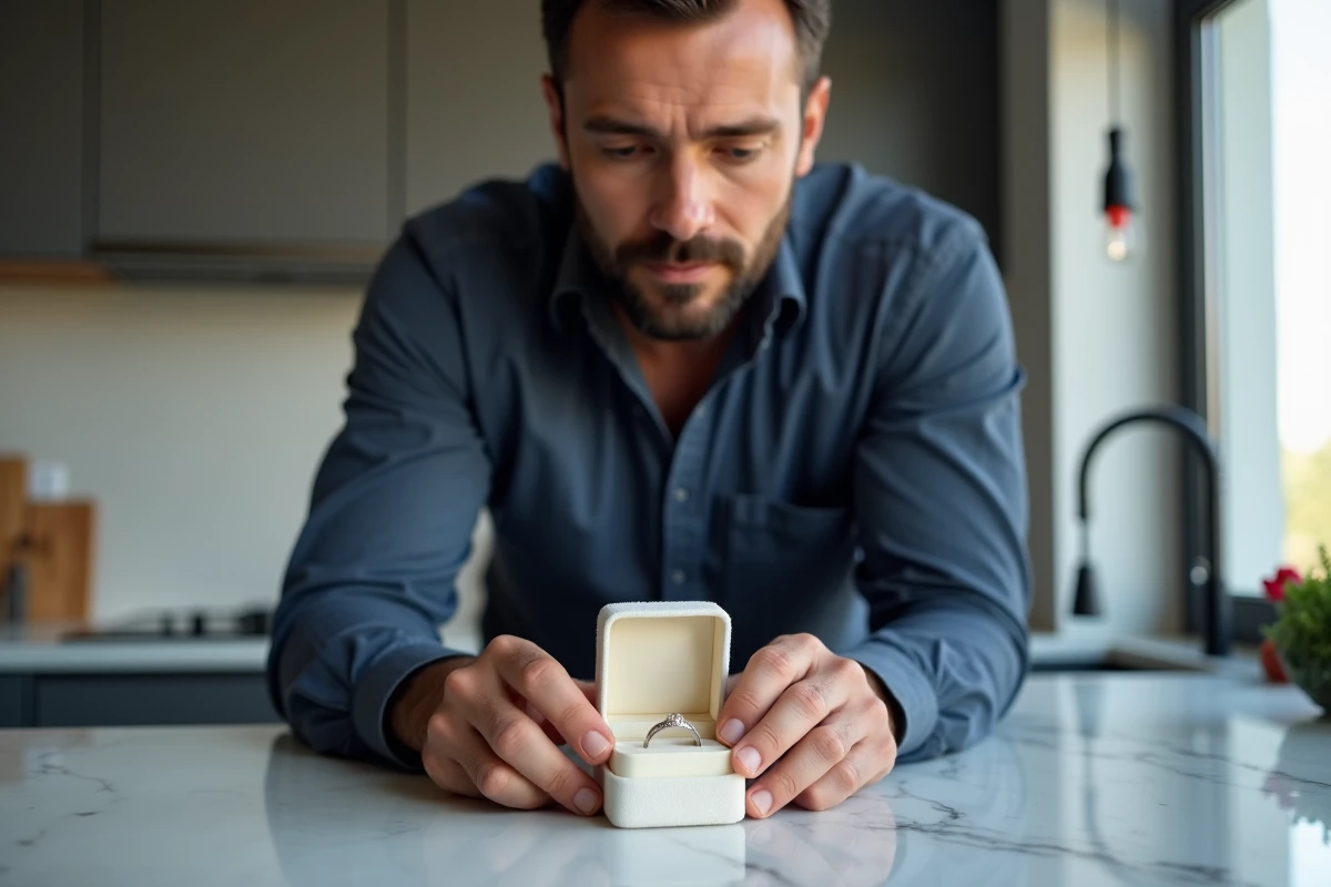 Homme déposant une bague en argent dans un écrin cadeau en velours sur un comptoir en marbre, illustrant le message symbolique d'une bague offerte