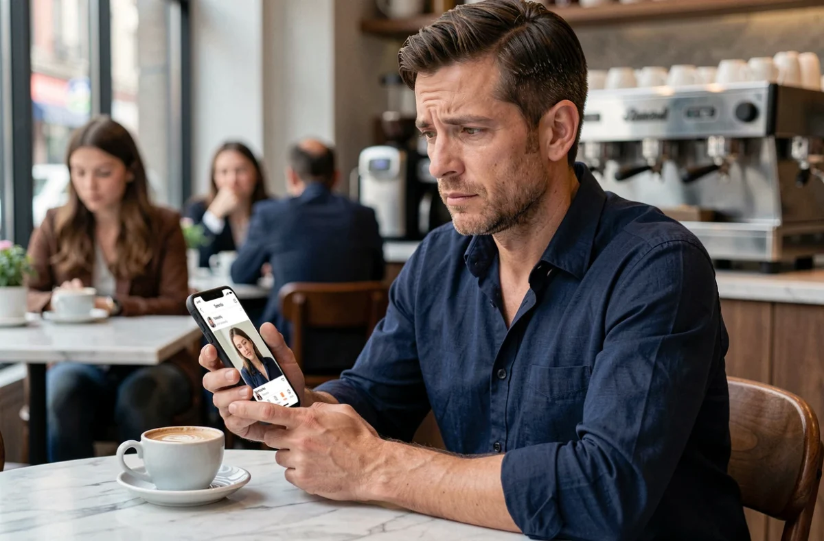 Homme méfiant examinant un profil suspect sur une application de rencontre dans un café urbain