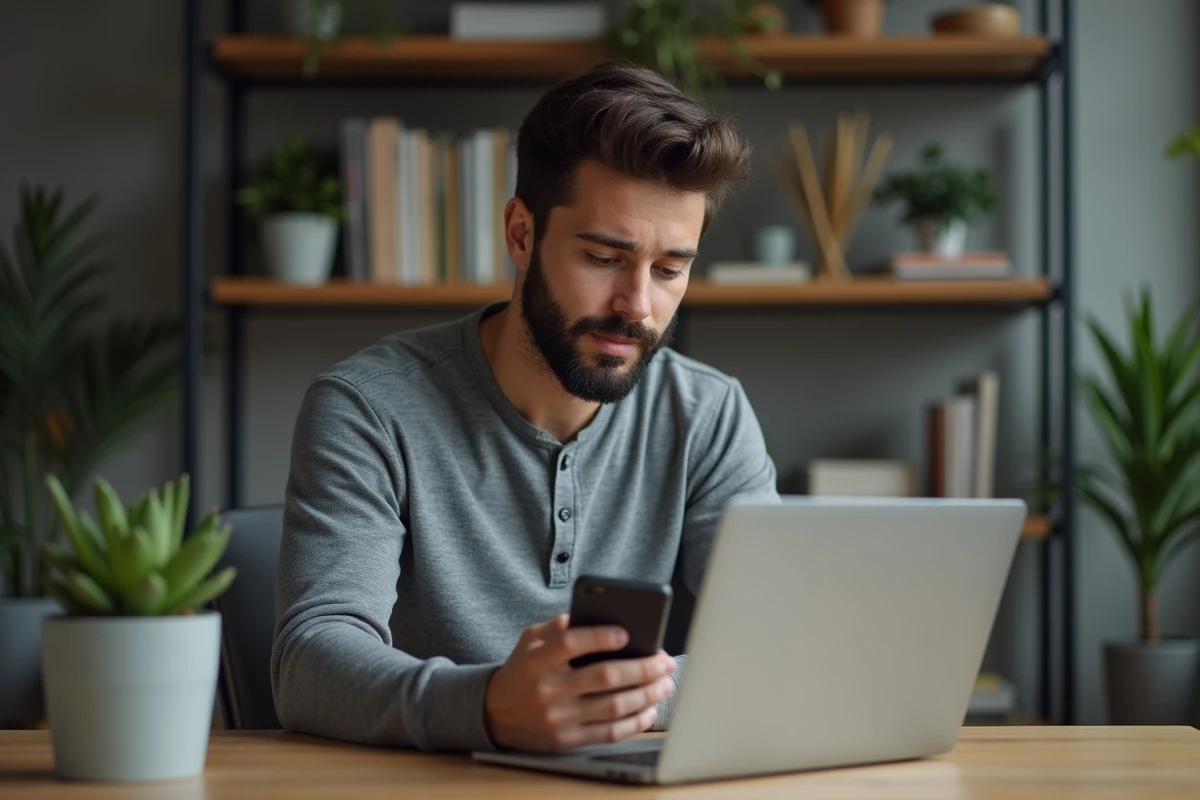 Homme analysant son profil sur une application de rencontre depuis son bureau à domicile, optimisant sa visibilité dans l'algorithme Bumble