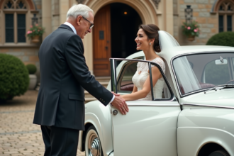 Homme âgé ouvrant la porte d'une voiture de mariage classique
