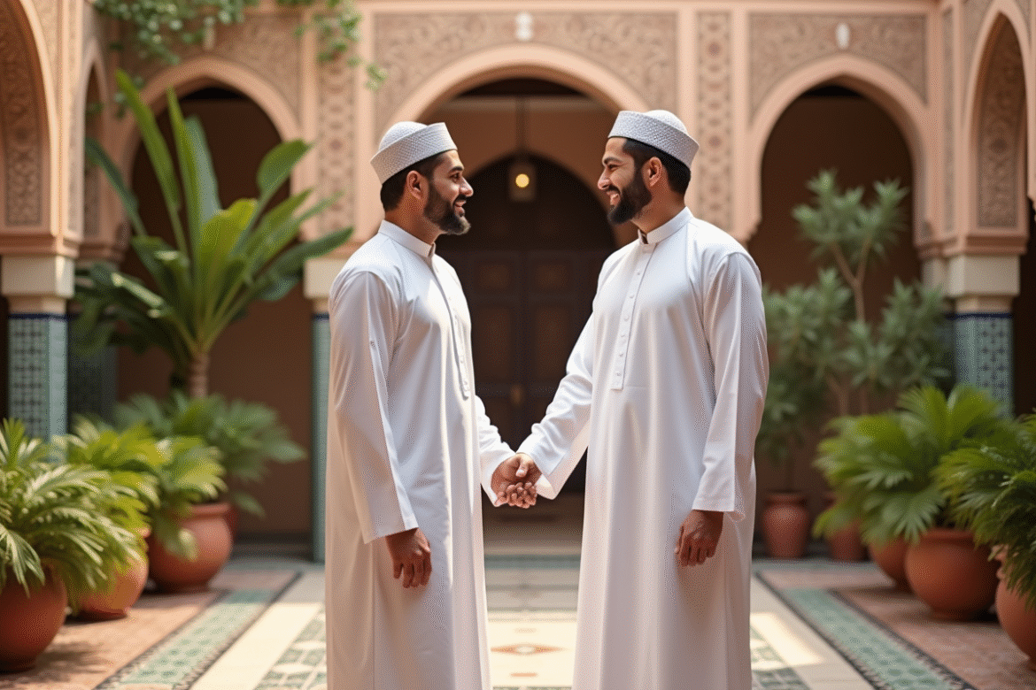 Deux hommes en tenue traditionnelle marocaine dans une cour colorée