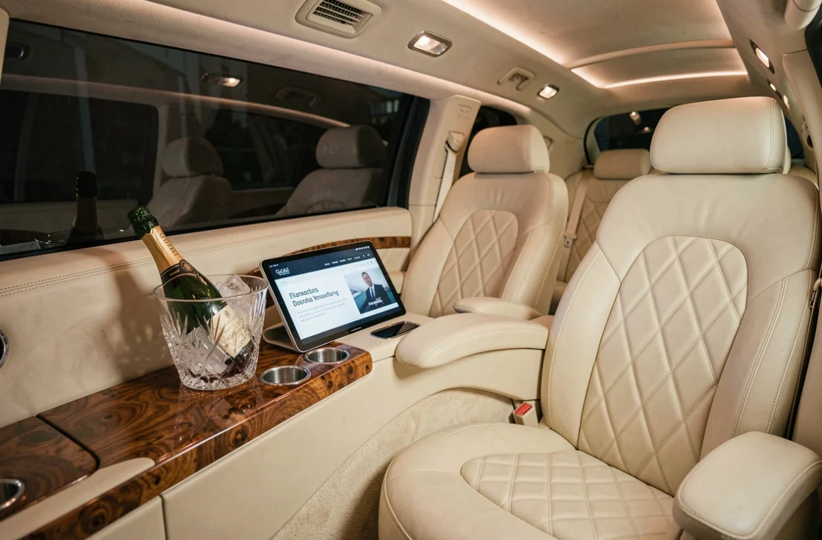 Intérieur luxueux d'une limousine VIP avec sièges en cuir crème, champagne et équipements haut de gamme pour entreprises