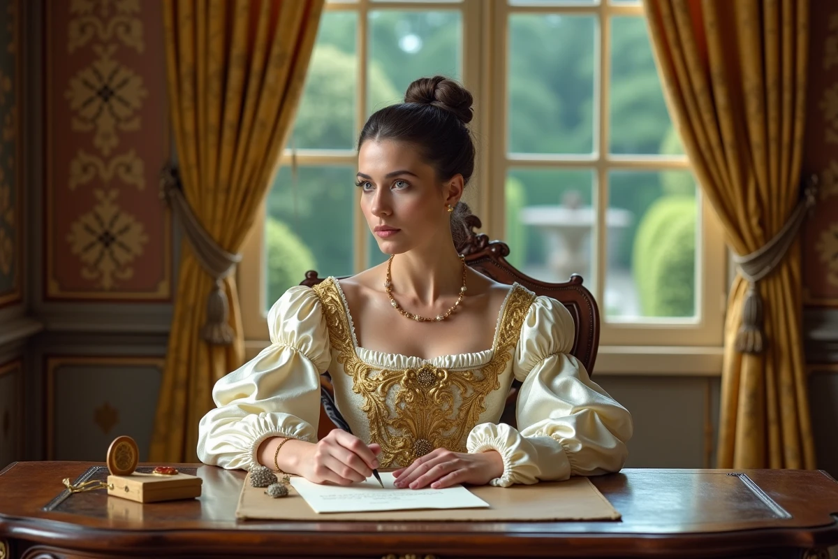 Femme de cour en robe dorée du XVIIe siècle rédigeant une lettre secrète dans un cabinet privé de Versailles, symbole des intrigues royales sous Louis XIV