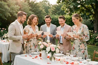 Groupe d'invités de mariage riant en lisant des petits mots humoristiques lors d'une réception en plein air