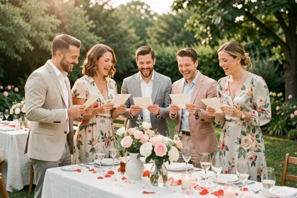 Groupe d'invités de mariage riant en lisant des petits mots humoristiques lors d'une réception en plein air