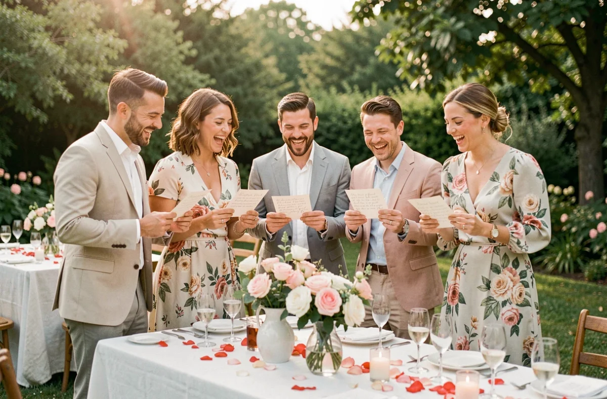 Groupe d'invités de mariage riant en lisant des petits mots humoristiques lors d'une réception en plein air