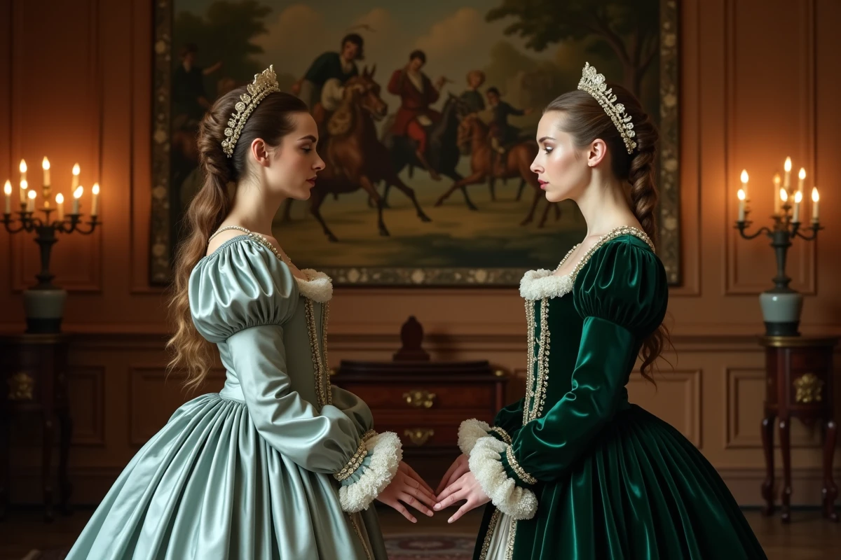 Deux femmes en tenue de cour du XVIIe siècle dans une confrontation tendue à Versailles, illustrant les jalousies et intrigues royales