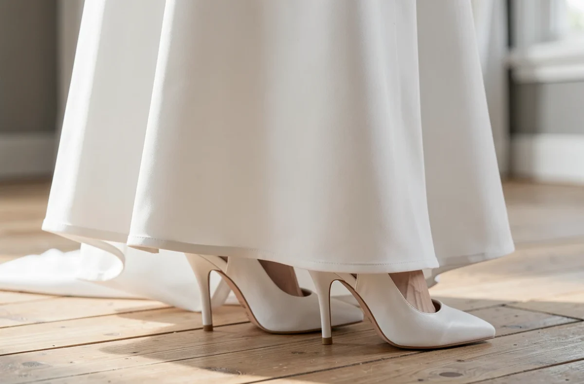 Jambe large d'une combinaison blanche et escarpins de mariée