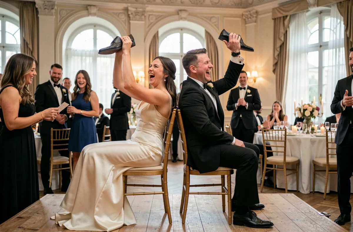 Couple de mariés jouant au jeu des chaussures lors d'une animation de réception de mariage en château