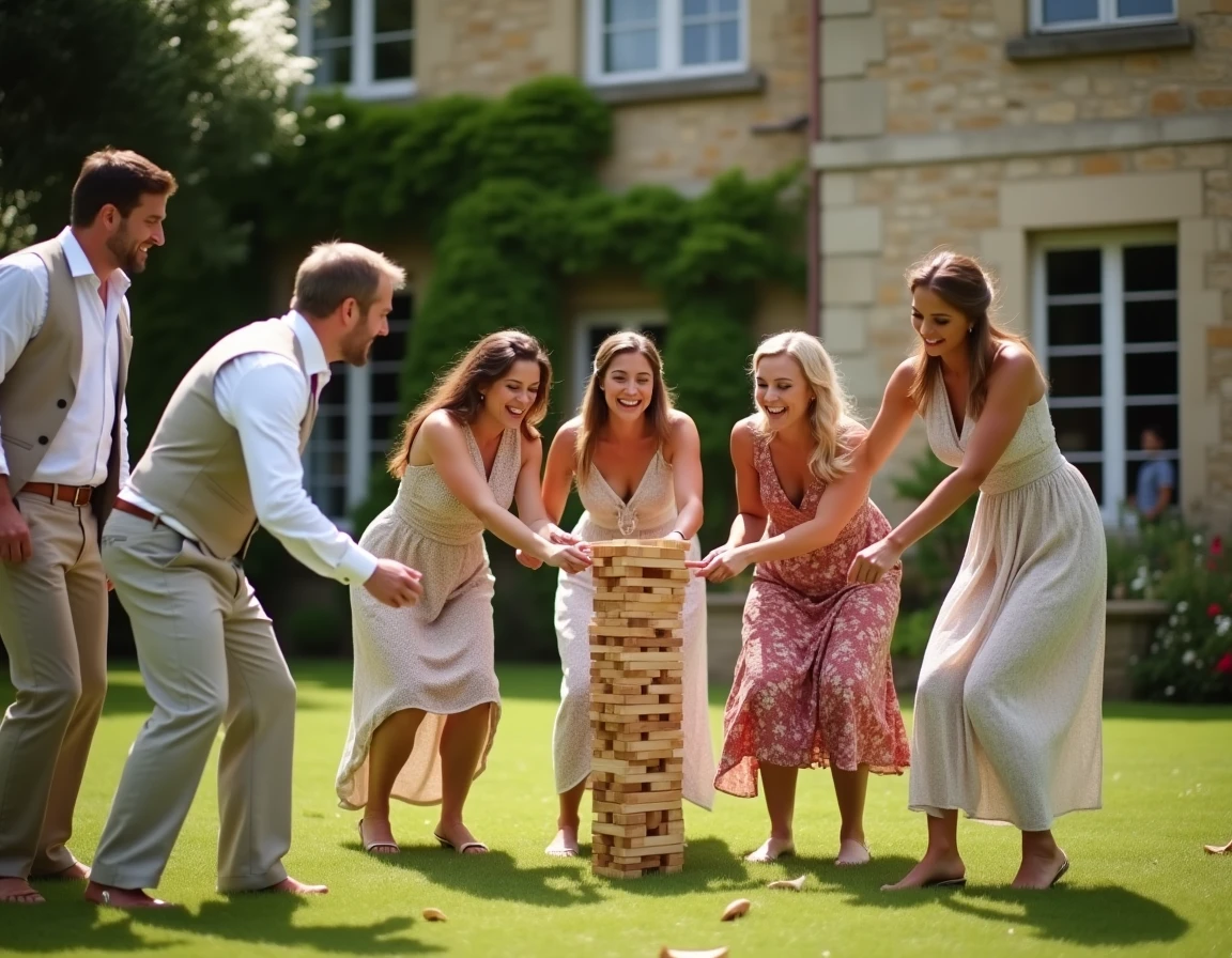 Invités de mariage jouant au Jenga géant sur la terrasse d'un château lors d'une animation de réception en plein air