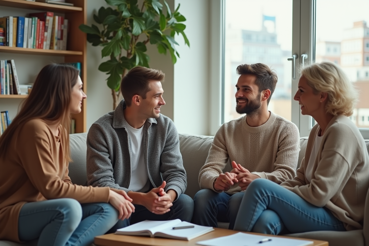 Jeune couple engagé parlant avec les parents dans un salon moderne